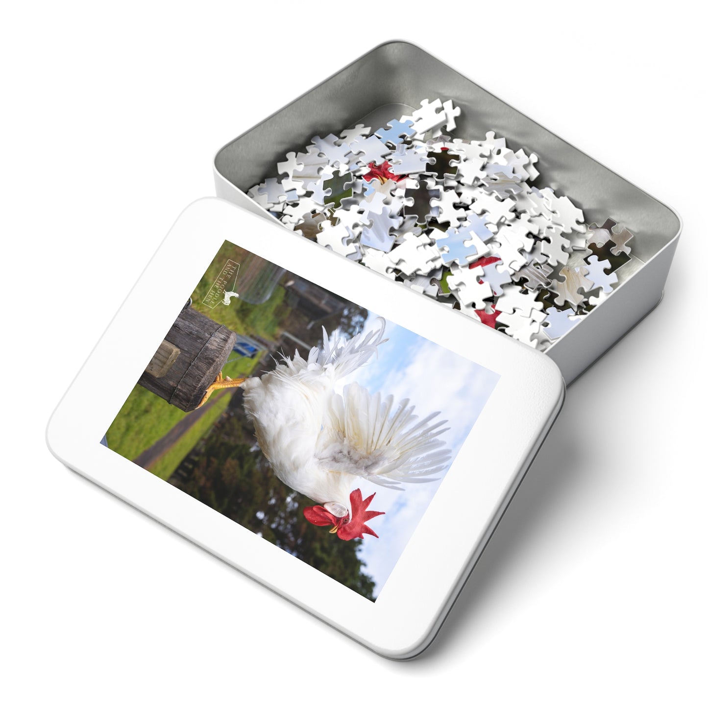 The Poodle and The Hen | White Leghorn Rooster | Jigsaw Puzzle with Tin