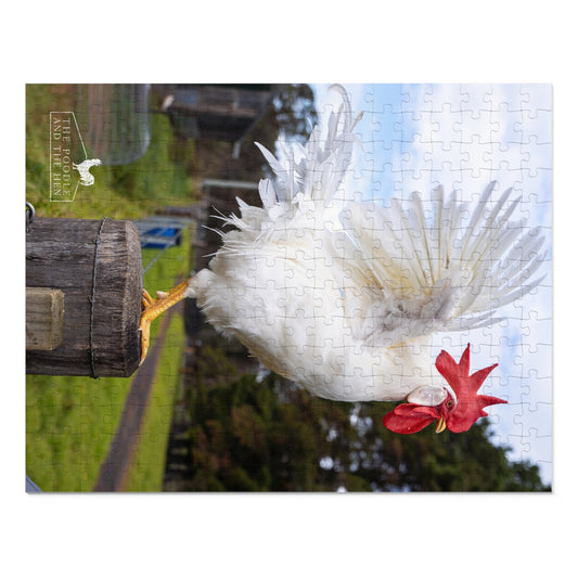 The Poodle and The Hen | White Leghorn Rooster | Jigsaw Puzzle with Tin