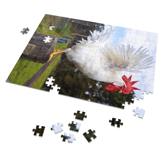 The Poodle and The Hen | White Leghorn Rooster | Jigsaw Puzzle with Tin